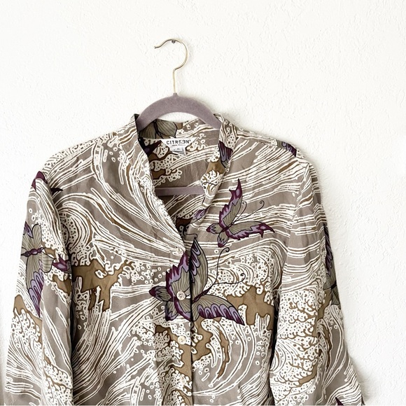 Citron Santa Monica Blouse Women's XL 100% Silk Button Dwon Mardarin Butterfly - Picture 3 of 7